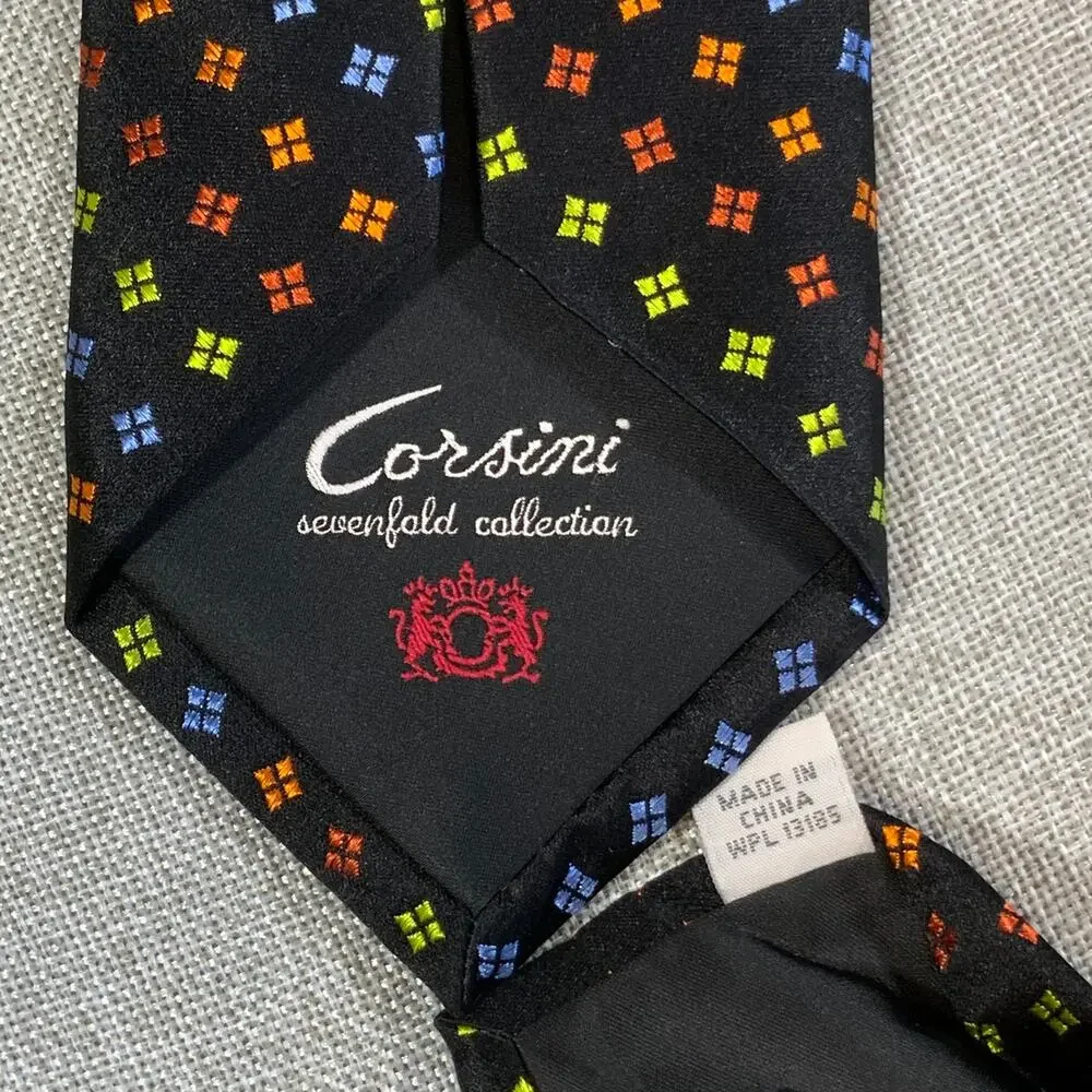 Sevenfold 100% Silk Necktie Black Multicolor Geometric Foulard Corsini Tie